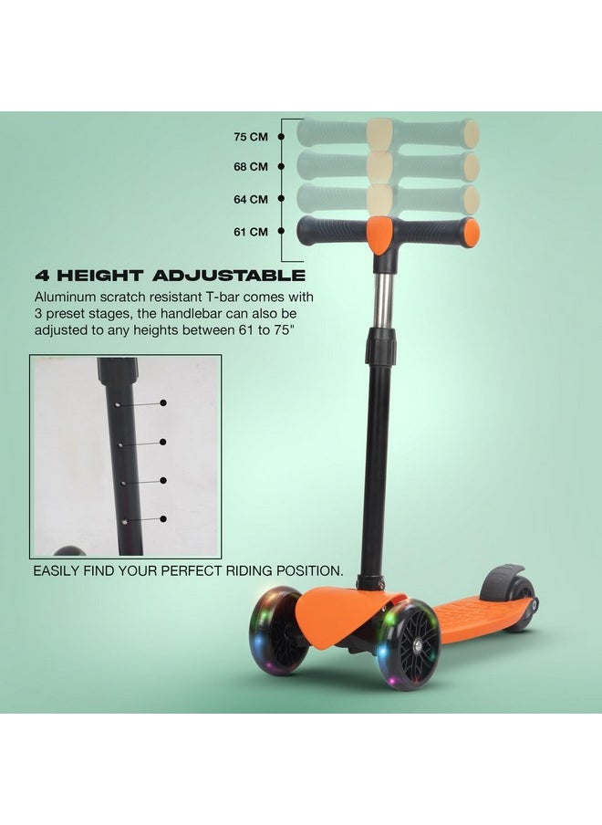 Baybee Zoomie Kick Scooter for Kids, Foldable Kids Scooter with 4 Height Adjustable Handle & Brake, Skate Scooter with LED PU Wheels, Runner Scooter for Kids 3 to 8 Years Boys Girls (Orange)