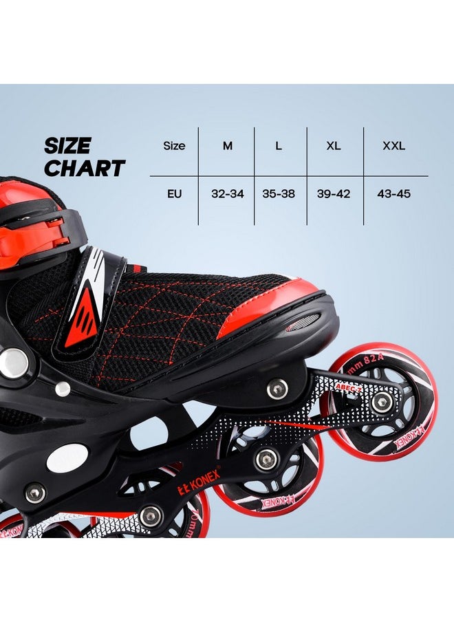 Konex 4 Wheel Inline Skates | Adjustable PU Wheel Roller Skating Shoes for Boys and Girls (Medium, 32-34, Red)