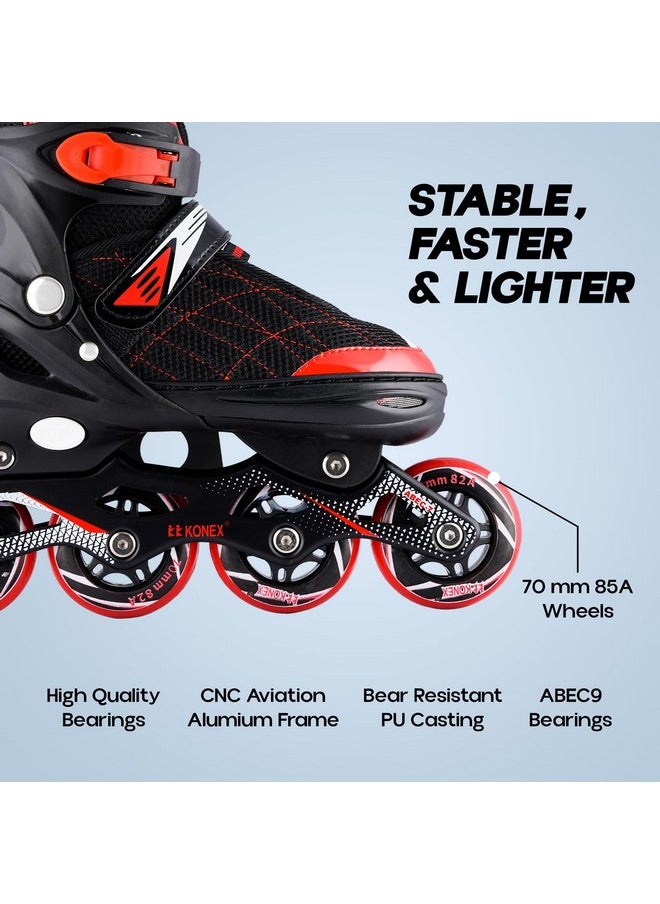 Konex 4 Wheel Inline Skates | Adjustable PU Wheel Roller Skating Shoes for Boys and Girls (Medium, 32-34, Red)