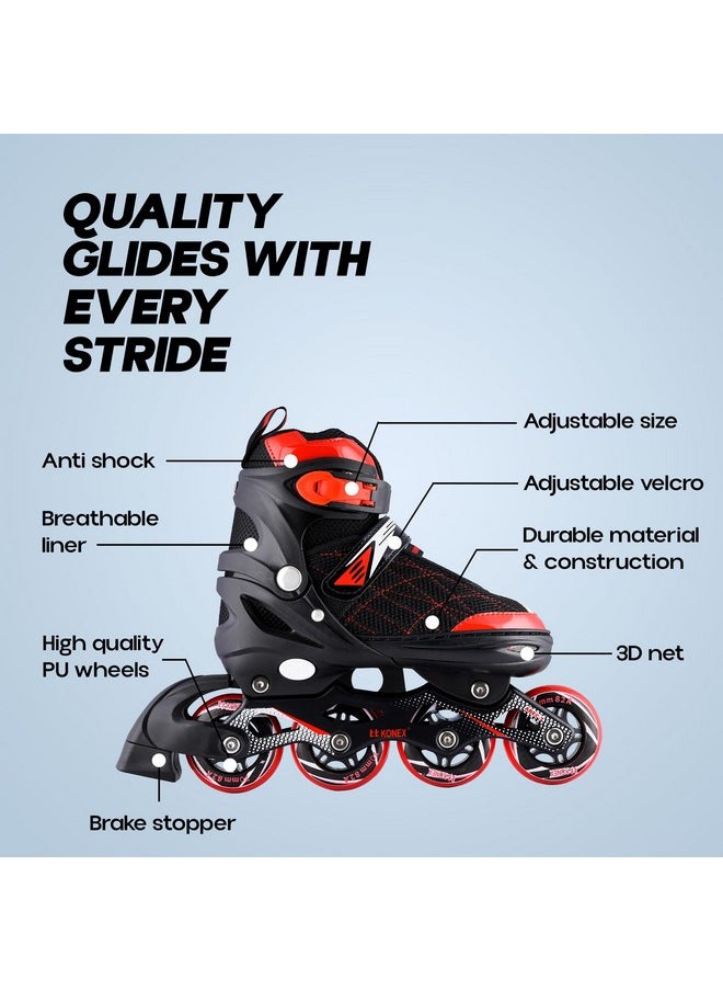 Konex 4 Wheel Inline Skates | Adjustable PU Wheel Roller Skating Shoes for Boys and Girls (Medium, 32-34, Red)