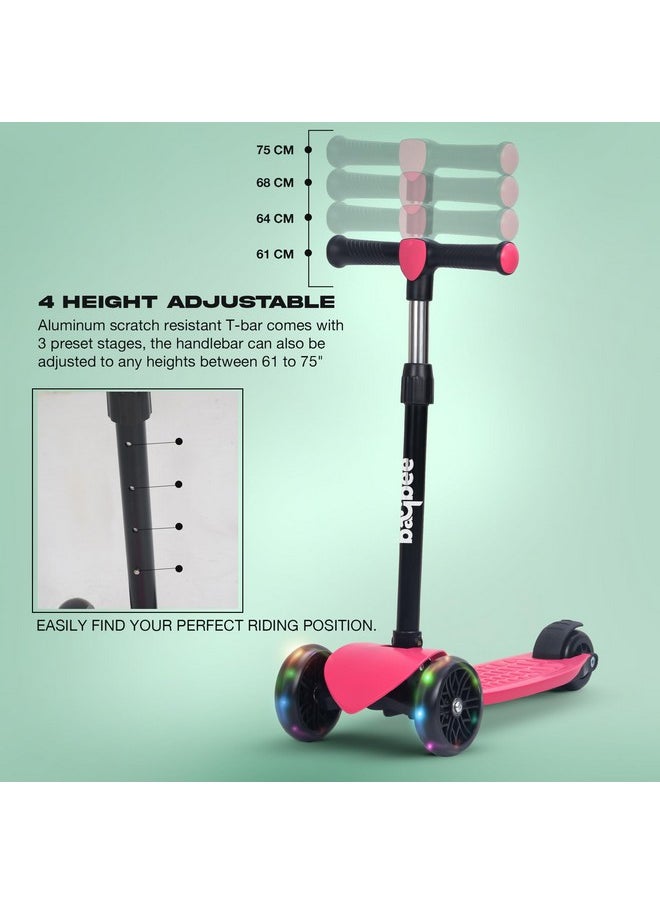 Baybee Zoomie Kick Scooter for Kids, Foldable Kids Scooter with 4 Height Adjustable Handle & Brake, Skate Scooter with LED PU Wheels, Runner Scooter for Kids 3 to 8 Years Boys Girls (Dark Pink)