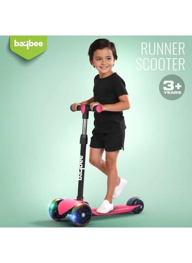 Baybee Zoomie Kick Scooter for Kids, Foldable Kids Scooter with 4 Height Adjustable Handle & Brake, Skate Scooter with LED PU Wheels, Runner Scooter for Kids 3 to 8 Years Boys Girls (Dark Pink)