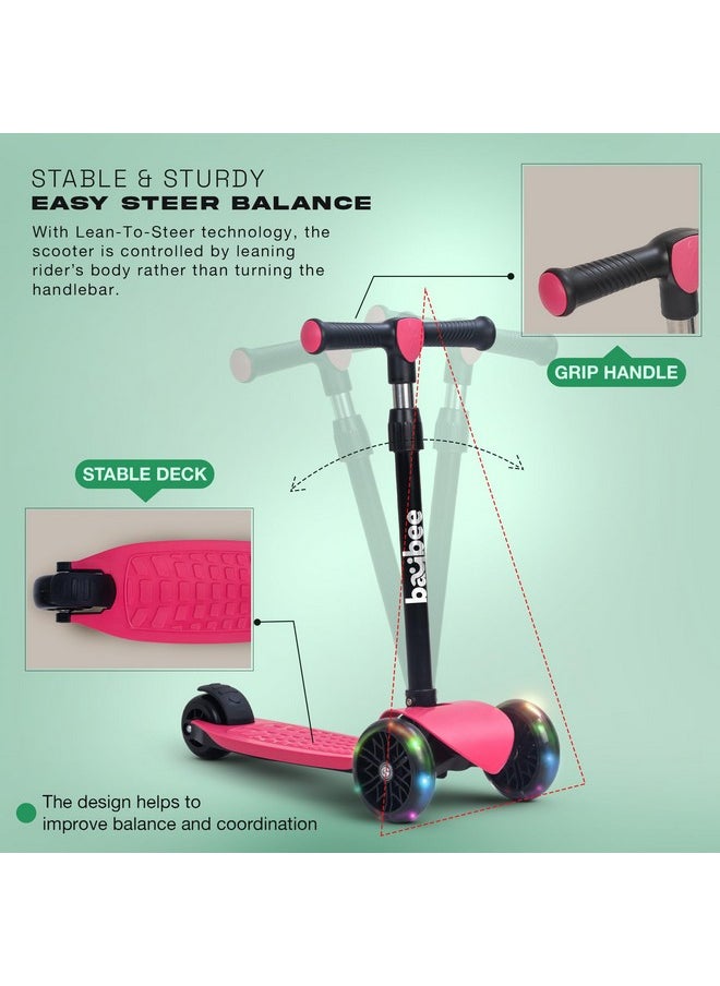 Baybee Zoomie Kick Scooter for Kids, Foldable Kids Scooter with 4 Height Adjustable Handle & Brake, Skate Scooter with LED PU Wheels, Runner Scooter for Kids 3 to 8 Years Boys Girls (Dark Pink)