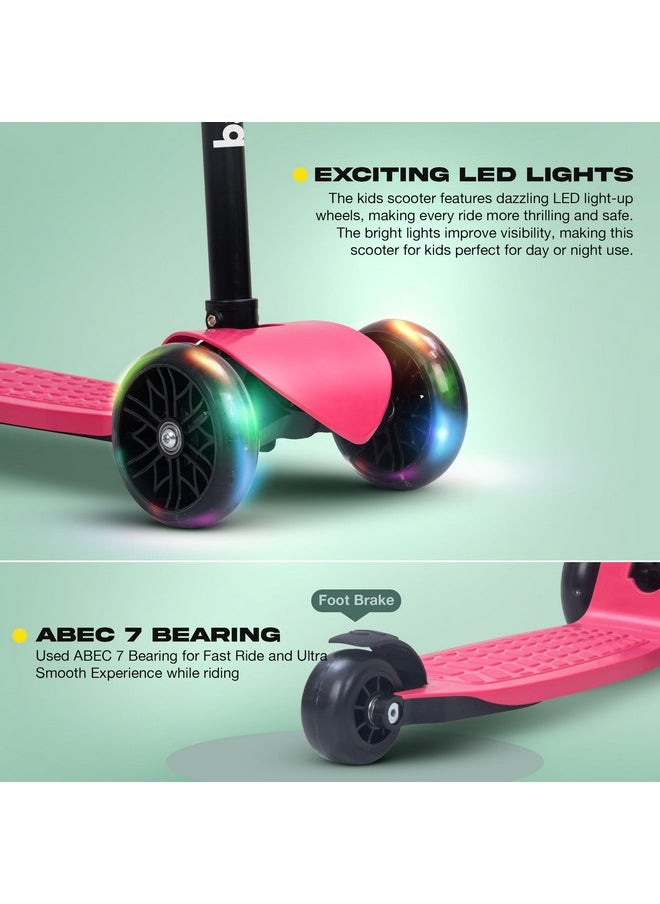 Baybee Zoomie Kick Scooter for Kids, Foldable Kids Scooter with 4 Height Adjustable Handle & Brake, Skate Scooter with LED PU Wheels, Runner Scooter for Kids 3 to 8 Years Boys Girls (Dark Pink)
