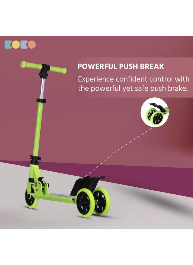 Koko Rowdy Kick Skate Scooter with Adjustable Height and Portable, Kids Scooter with Led PVC Wheels for Age 3+ (Max User Weight: 50kg) (Green)