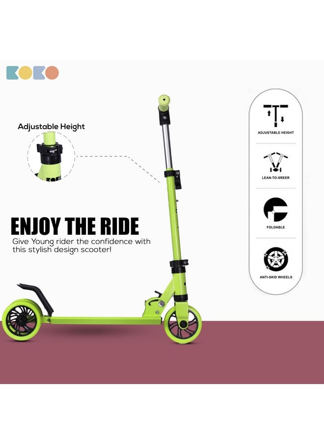 Koko Rowdy Kick Skate Scooter with Adjustable Height and Portable, Kids Scooter with Led PVC Wheels for Age 3+ (Max User Weight: 50kg) (Green)