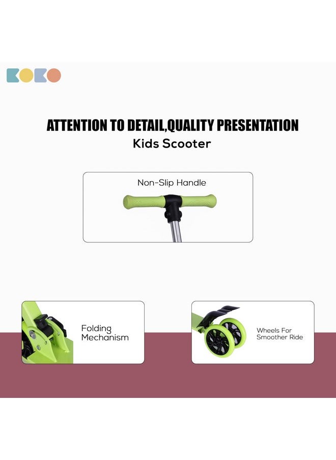 Koko Rowdy Kick Skate Scooter with Adjustable Height and Portable, Kids Scooter with Led PVC Wheels for Age 3+ (Max User Weight: 50kg) (Green)