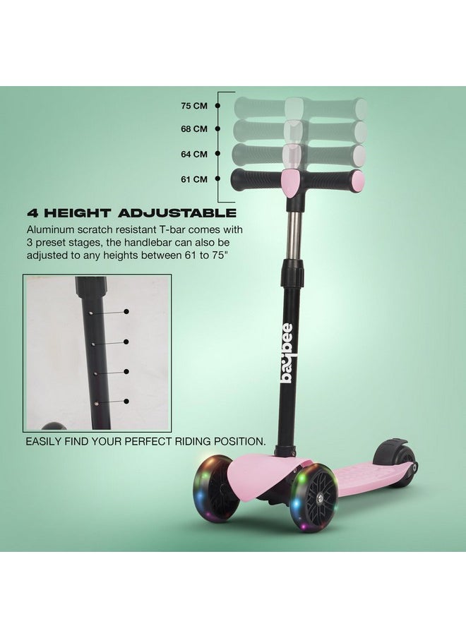 Baybee Zoomie Kick Scooter for Kids, Foldable Kids Scooter with 4 Height Adjustable Handle & Brake, Skate Scooter with LED PU Wheels, Runner Scooter for Kids 3 to 8 Years Boys Girls (Pink)