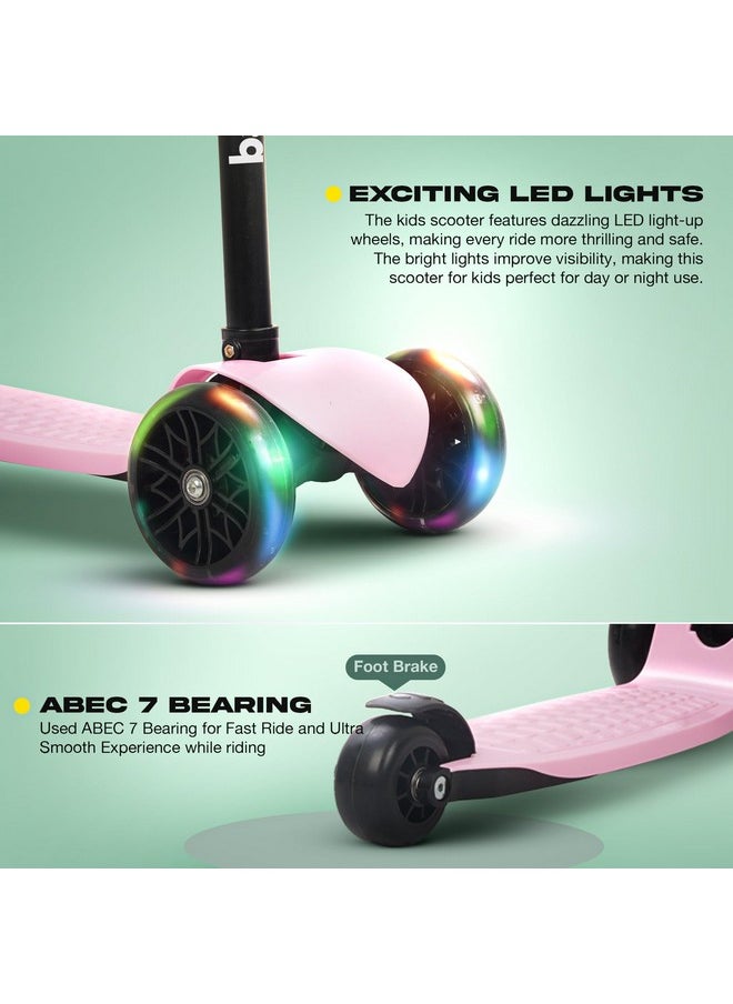 Baybee Zoomie Kick Scooter for Kids, Foldable Kids Scooter with 4 Height Adjustable Handle & Brake, Skate Scooter with LED PU Wheels, Runner Scooter for Kids 3 to 8 Years Boys Girls (Pink)