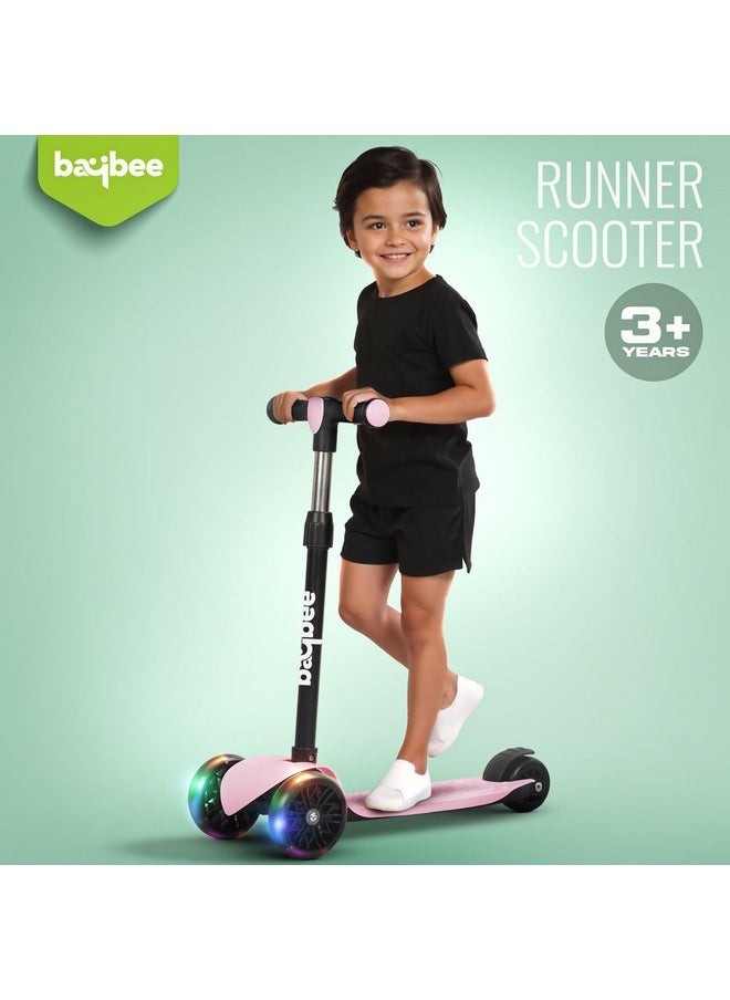 Baybee Zoomie Kick Scooter for Kids, Foldable Kids Scooter with 4 Height Adjustable Handle & Brake, Skate Scooter with LED PU Wheels, Runner Scooter for Kids 3 to 8 Years Boys Girls (Pink)