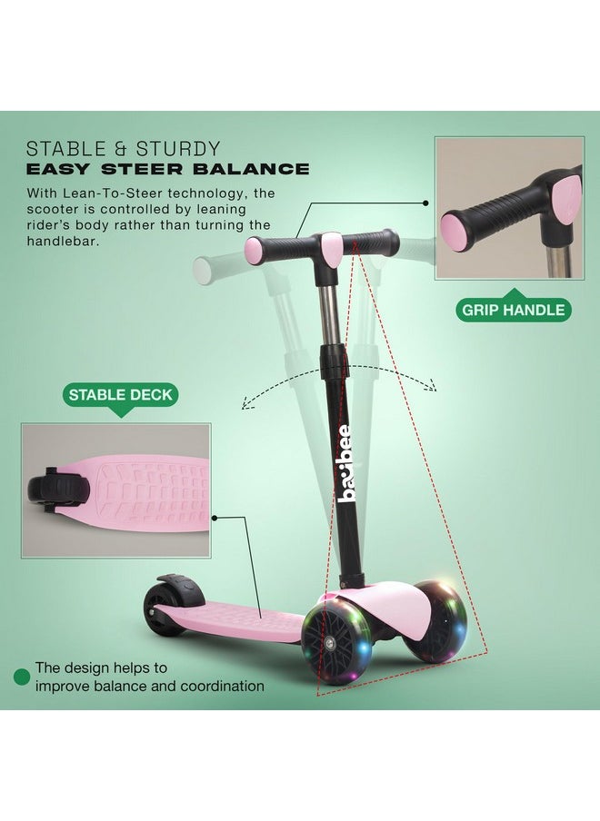 Baybee Zoomie Kick Scooter for Kids, Foldable Kids Scooter with 4 Height Adjustable Handle & Brake, Skate Scooter with LED PU Wheels, Runner Scooter for Kids 3 to 8 Years Boys Girls (Pink)