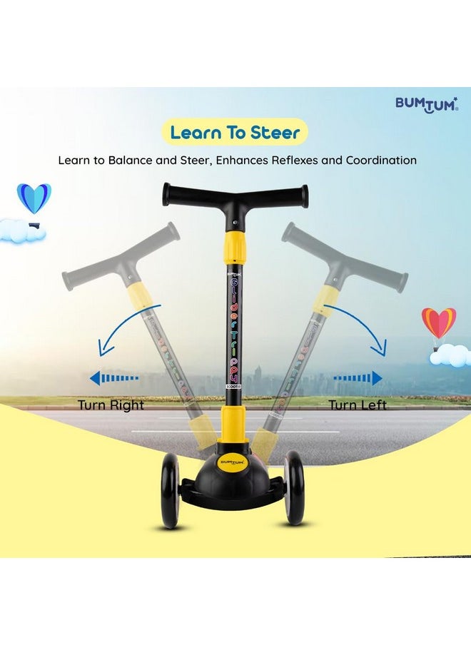 BUMTUM Smart Kick Scooter for Kids | 3 Adjustable Height Scooter, Foldable & Attractive PVC Wheels with Rare Brakes for Boys & Girls Age 5 Years (Black)