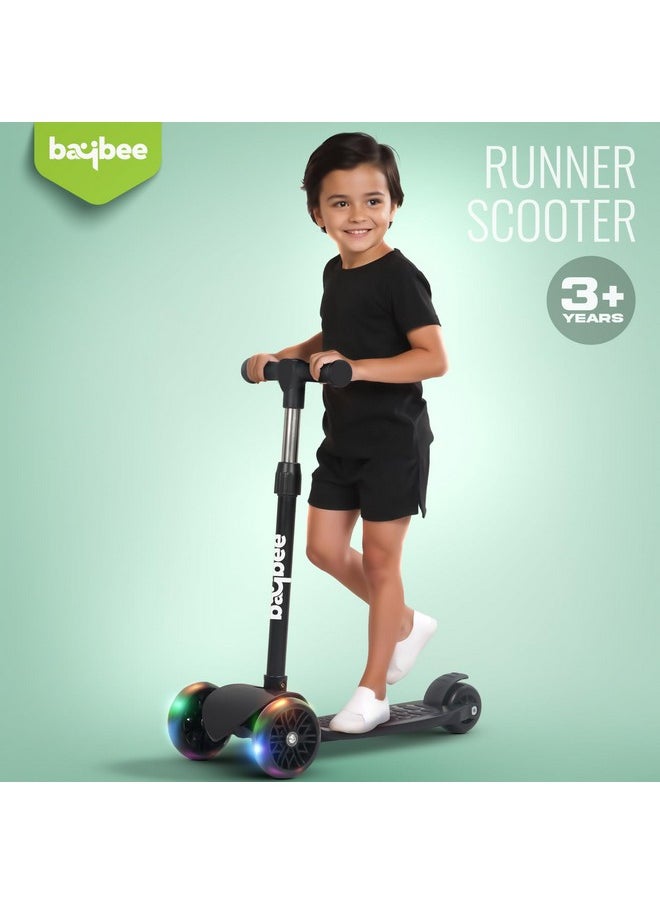 Baybee Zoomie Kick Scooter for Kids, Foldable Kids Scooter with 4 Height Adjustable Handle & Brake, Skate Scooter with LED PU Wheels, Runner Scooter for Kids 3 to 8 Years Boys Girls (Black)