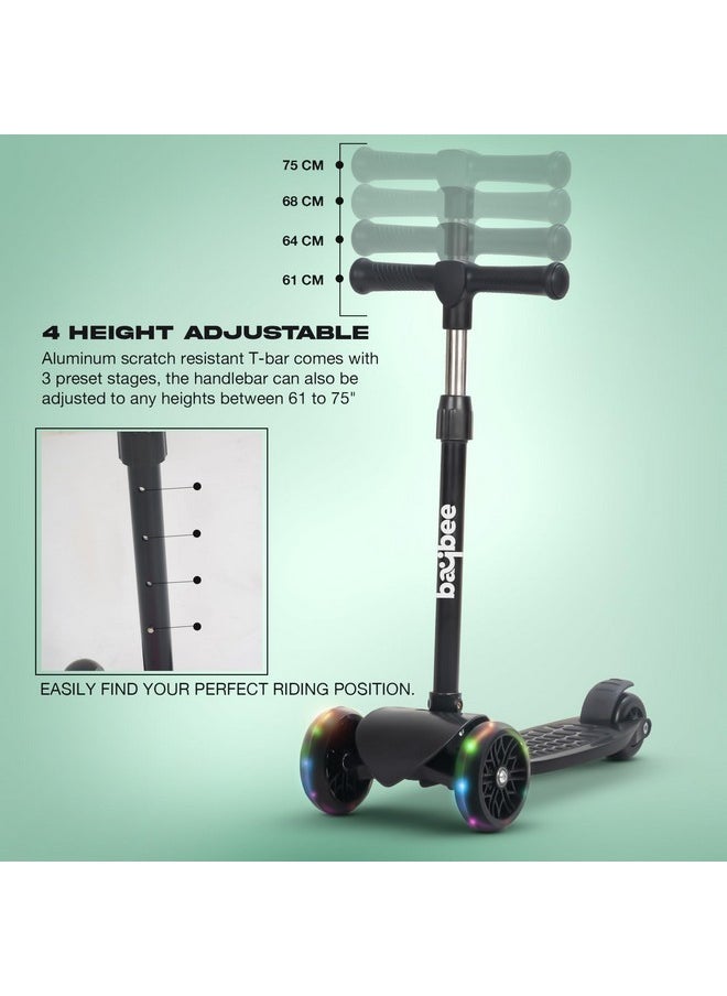 Baybee Zoomie Kick Scooter for Kids, Foldable Kids Scooter with 4 Height Adjustable Handle & Brake, Skate Scooter with LED PU Wheels, Runner Scooter for Kids 3 to 8 Years Boys Girls (Black)