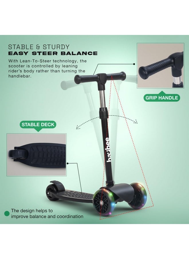 Baybee Zoomie Kick Scooter for Kids, Foldable Kids Scooter with 4 Height Adjustable Handle & Brake, Skate Scooter with LED PU Wheels, Runner Scooter for Kids 3 to 8 Years Boys Girls (Black)