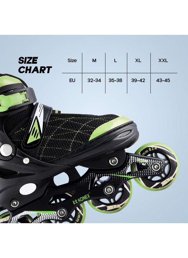 Konex 4 Wheel Inline Skates | Adjustable PU Wheel Roller Skating Shoes for Boys and Girls (Medium, 32-34, Green)