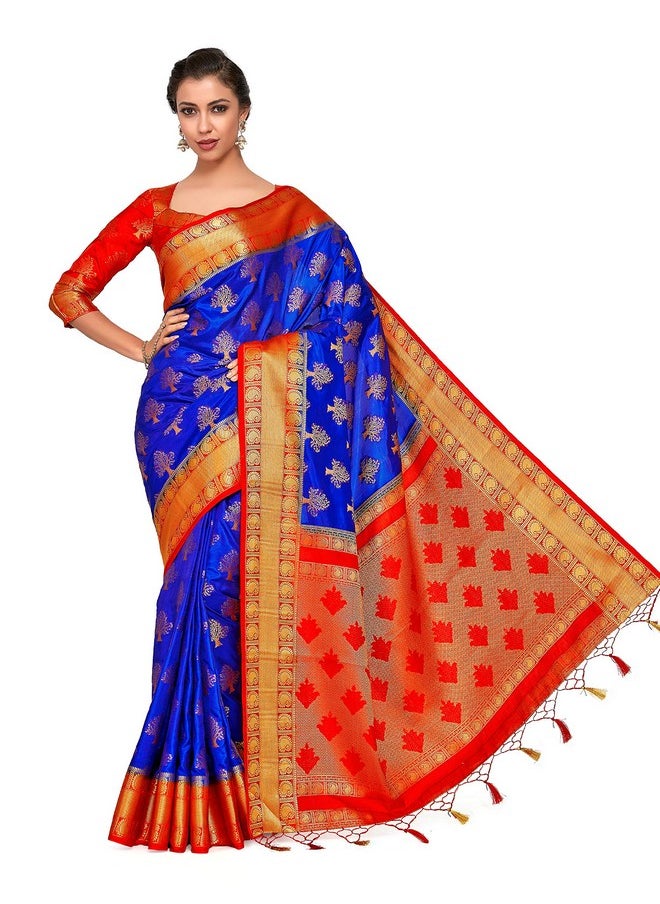MIMOSA Women's Art Silk Kanjivarm Pattu Saree With Contrast Blouse (Blue_4309-312-RD-RBLU-RD)