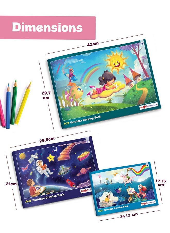 Target Drawing Book for Artists, Kids | 2A, A3 & A4 Size Sketch Books | 34 White Blank Plain Pages | Drawing Sheets for Colouring, Painting |Set of 3