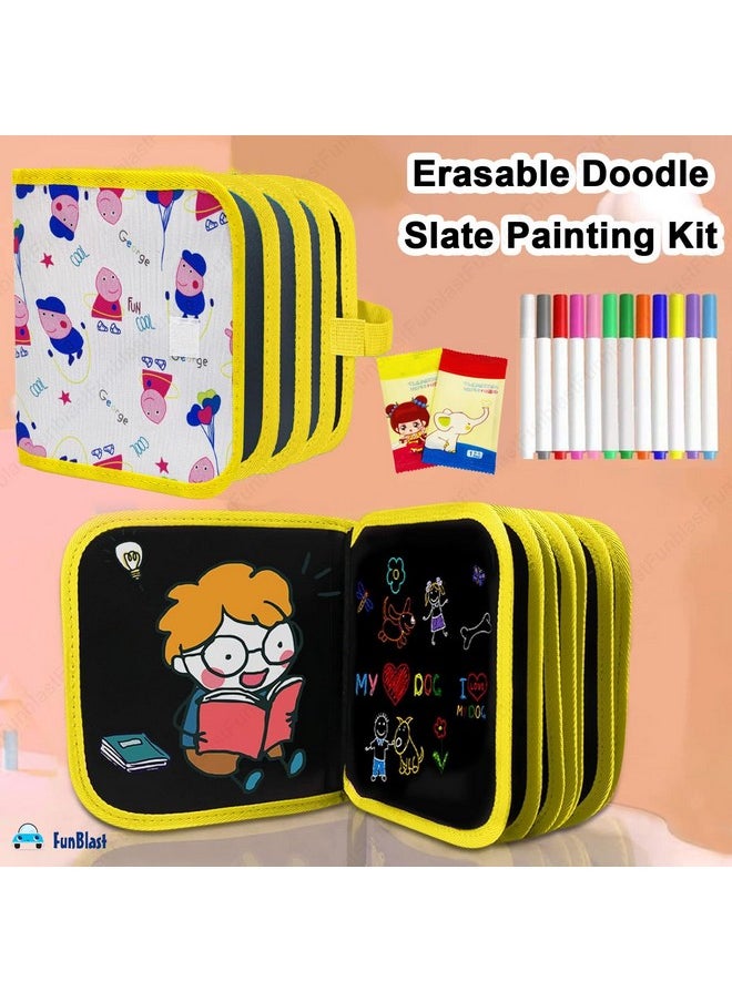 FunBlast Erasable Doodle Slate Painting Kit for Kids, Drawing Book with Wet Wipes & Colors for Kids, Colouring Doodle Slate for Kids, Erasable Doodle Book (Random Print)