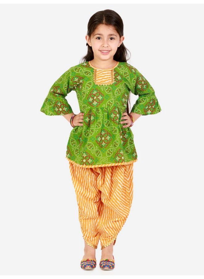 superminis Cotton Baby Girls Peplum Kurti With Dhoti Style Salwar Ethnic Dress (Green, 6-12 Months)