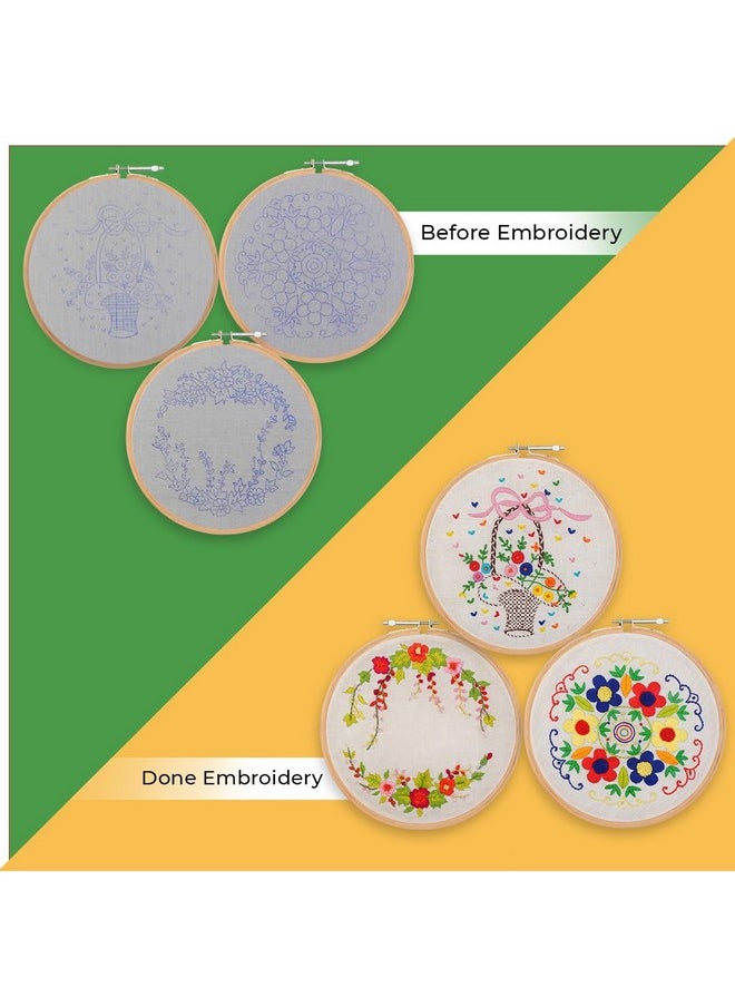 EmbroideryMaterial Pack of 3 Embroidery Kits - Floral Wreath, Colorful Floral & Basket of Flowers Designs, Embroidery Kit for Beginners & Adults with Wooden Hoop, Cloth Fabric (All Material Included)