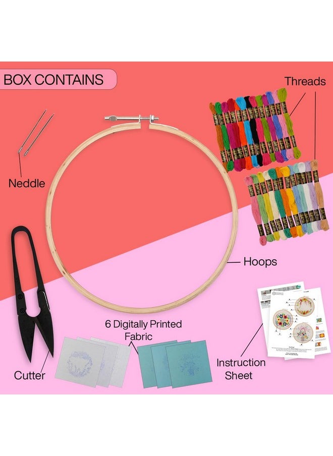 EmbroideryMaterial Pack of 3 Embroidery Kits - Floral Wreath, Colorful Floral & Basket of Flowers Designs, Embroidery Kit for Beginners & Adults with Wooden Hoop, Cloth Fabric (All Material Included)