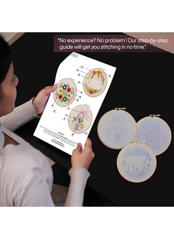 EmbroideryMaterial Pack of 3 Embroidery Kits - Floral Wreath, Colorful Floral & Basket of Flowers Designs, Embroidery Kit for Beginners & Adults with Wooden Hoop, Cloth Fabric (All Material Included)