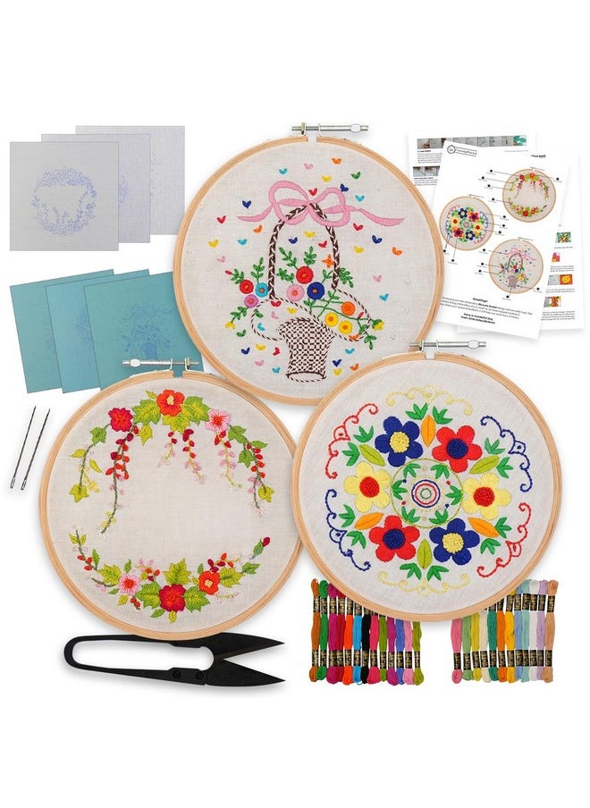 EmbroideryMaterial Pack of 3 Embroidery Kits - Floral Wreath, Colorful Floral & Basket of Flowers Designs, Embroidery Kit for Beginners & Adults with Wooden Hoop, Cloth Fabric (All Material Included)