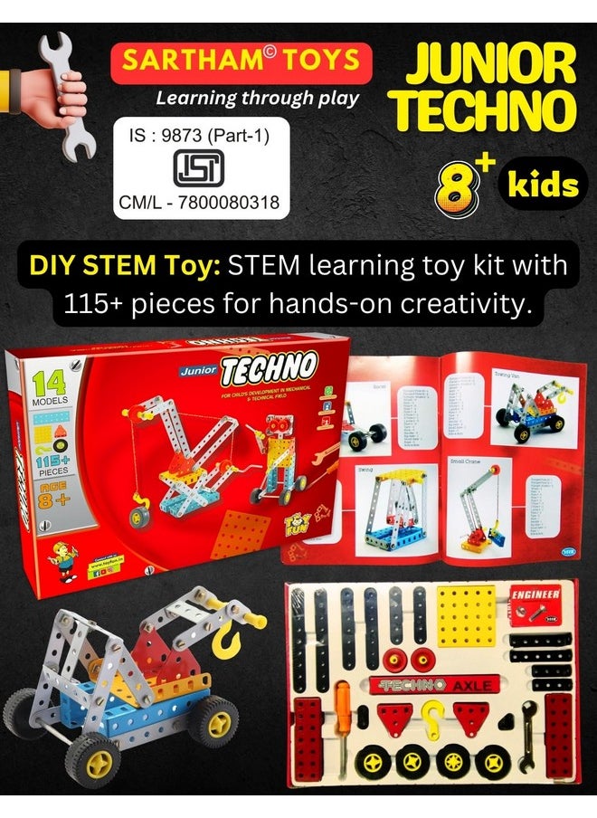 SARTHAM Junior Techno, 8 to 12 Years, DIY Educational kit, Engineering Tool kit Toy, 1 Set STEM Learning Metal Toy, Gift for 8+ Year Old boy and Girl, 115+ Pieces Puzzle and 14 Models | Multicolor