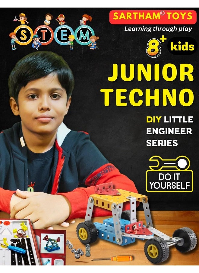 SARTHAM Junior Techno, 8 to 12 Years, DIY Educational kit, Engineering Tool kit Toy, 1 Set STEM Learning Metal Toy, Gift for 8+ Year Old boy and Girl, 115+ Pieces Puzzle and 14 Models | Multicolor