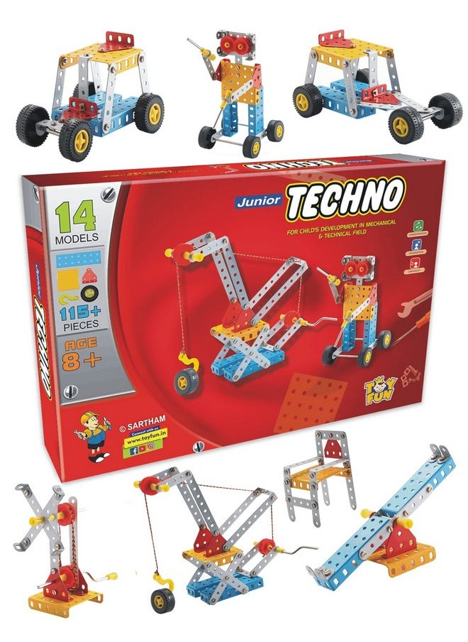 SARTHAM Junior Techno, 8 to 12 Years, DIY Educational kit, Engineering Tool kit Toy, 1 Set STEM Learning Metal Toy, Gift for 8+ Year Old boy and Girl, 115+ Pieces Puzzle and 14 Models | Multicolor