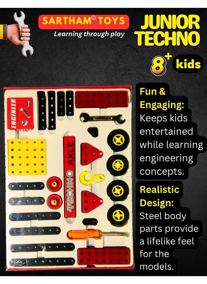 SARTHAM Junior Techno, 8 to 12 Years, DIY Educational kit, Engineering Tool kit Toy, 1 Set STEM Learning Metal Toy, Gift for 8+ Year Old boy and Girl, 115+ Pieces Puzzle and 14 Models | Multicolor