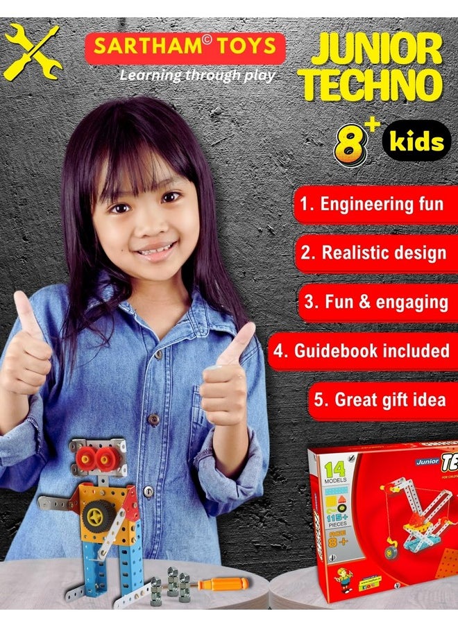 SARTHAM Junior Techno, 8 to 12 Years, DIY Educational kit, Engineering Tool kit Toy, 1 Set STEM Learning Metal Toy, Gift for 8+ Year Old boy and Girl, 115+ Pieces Puzzle and 14 Models | Multicolor