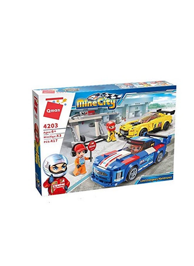 Qman Minecity Cars Pit Stop Puzzle Toy Set | Building Blocks | Emergency Maintenance Vehicle Blocks with Three Mini Figures for Kids 6-12 Years - (423 Pcs) Multicolor