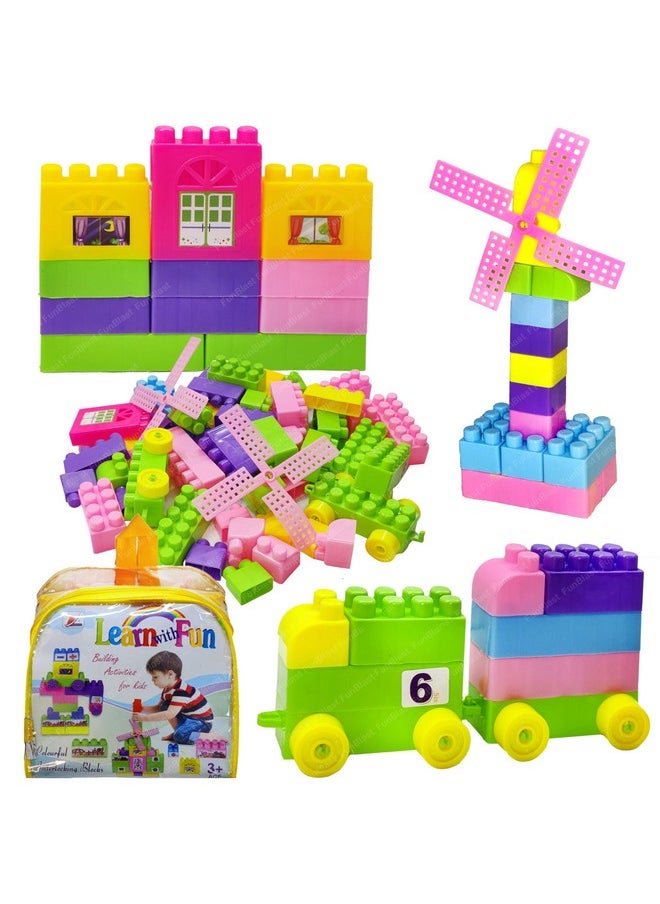 FunBlast Building Blocks for Kids with Wheel, 55 Pcs with 8 Movable Wheels Big Mega Sized Blocks, Block Game for Kids/Boys/Children - Multicolor (63 Pcs)