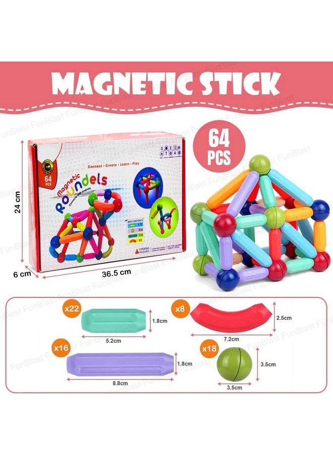 FunBlast Magnetic Sticks Building Blocks for Kids, 64 Pcs Puzzle Games for Kids, STEM Toys for Children, Building & Construction Toys, Educational & Learning Toy for 3+ Year Old Kids Boys, Girls