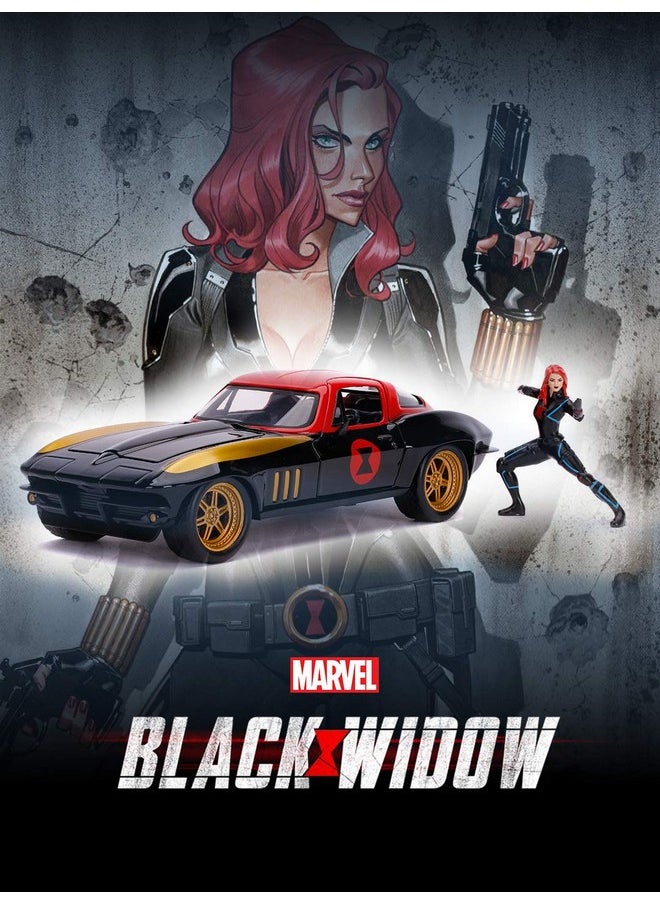 Jada Toys Diecast Hollywood Rides 1:24 1966 Chevy Corvette Car with Black Widow Action Figure for Kids Boys Girls Age 8 Years and Above
