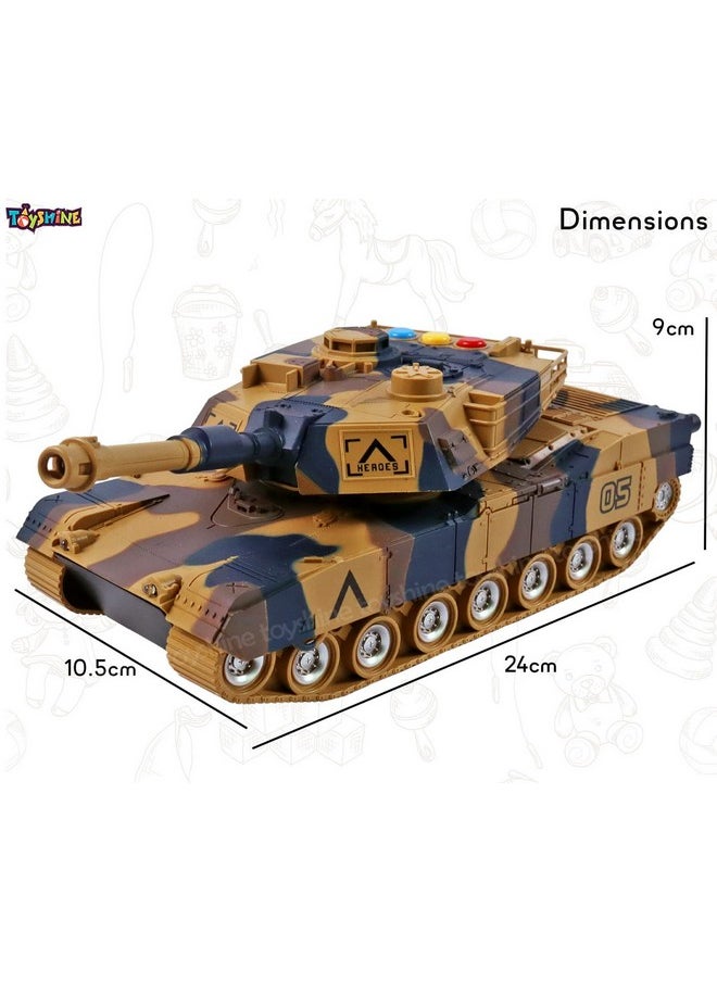 Toyshine 1:16 Scale Friction Powered Army Tank Vehicle with Lights and Sounds, Pretend War & Action Toy for Kids, Brown