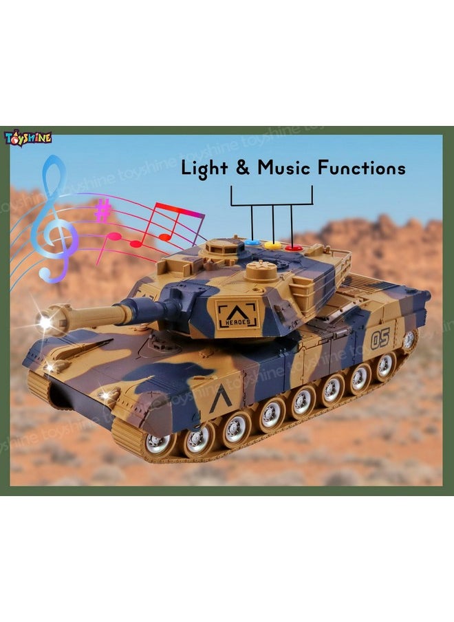 Toyshine 1:16 Scale Friction Powered Army Tank Vehicle with Lights and Sounds, Pretend War & Action Toy for Kids, Brown