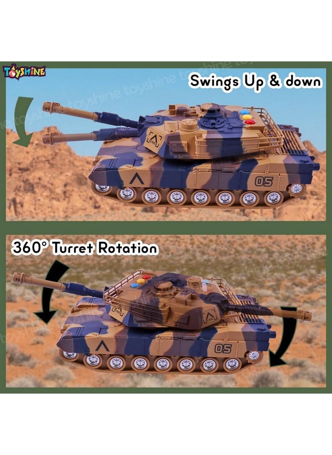 Toyshine 1:16 Scale Friction Powered Army Tank Vehicle with Lights and Sounds, Pretend War & Action Toy for Kids, Brown