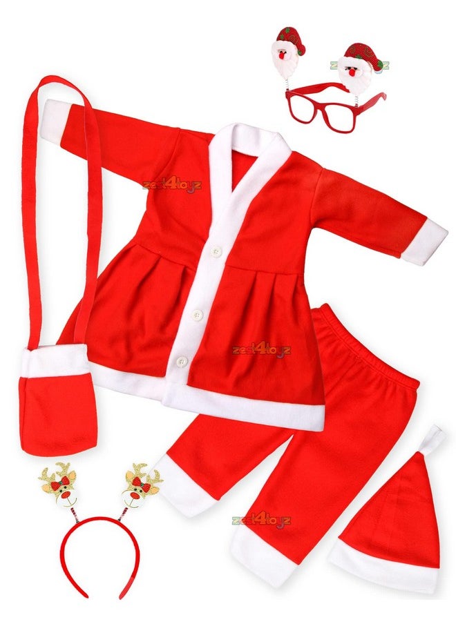 Zest 4 Toyz Cotton, Plastic Santa Claus Dress For Kids Christmas Dress For Girls With Frock Lower Cap Hairband Goggle And Pouch Santa Dress For Girls - Age 2 To 3 Years Old, Red
