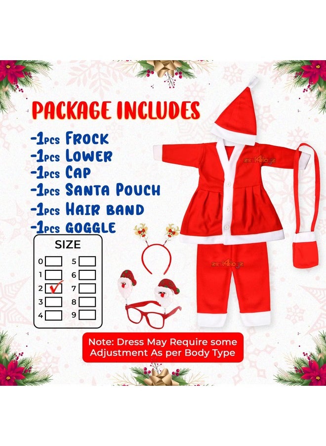 Zest 4 Toyz Cotton, Plastic Santa Claus Dress For Kids Christmas Dress For Girls With Frock Lower Cap Hairband Goggle And Pouch Santa Dress For Girls - Age 2 To 3 Years Old, Red