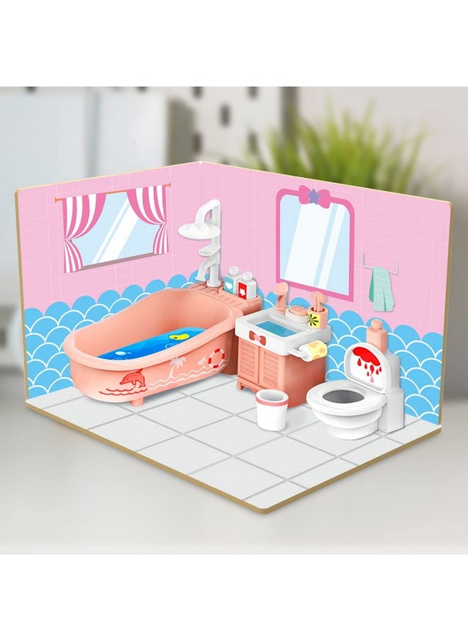 Webby DIY Bath Room Wooden Doll House with Plastic Furniture, Dollhouse for Girls and Boys