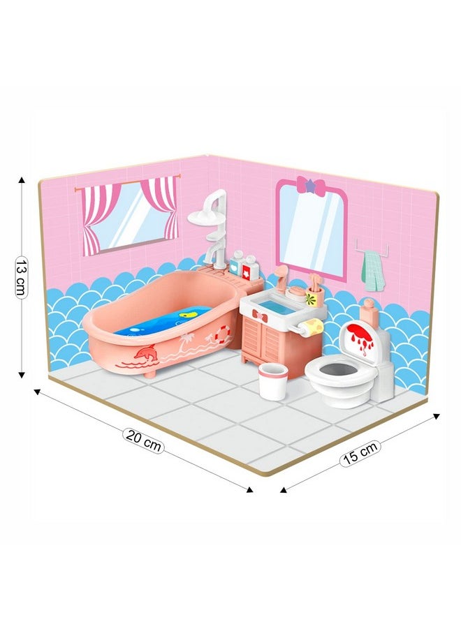 Webby DIY Bath Room Wooden Doll House with Plastic Furniture, Dollhouse for Girls and Boys