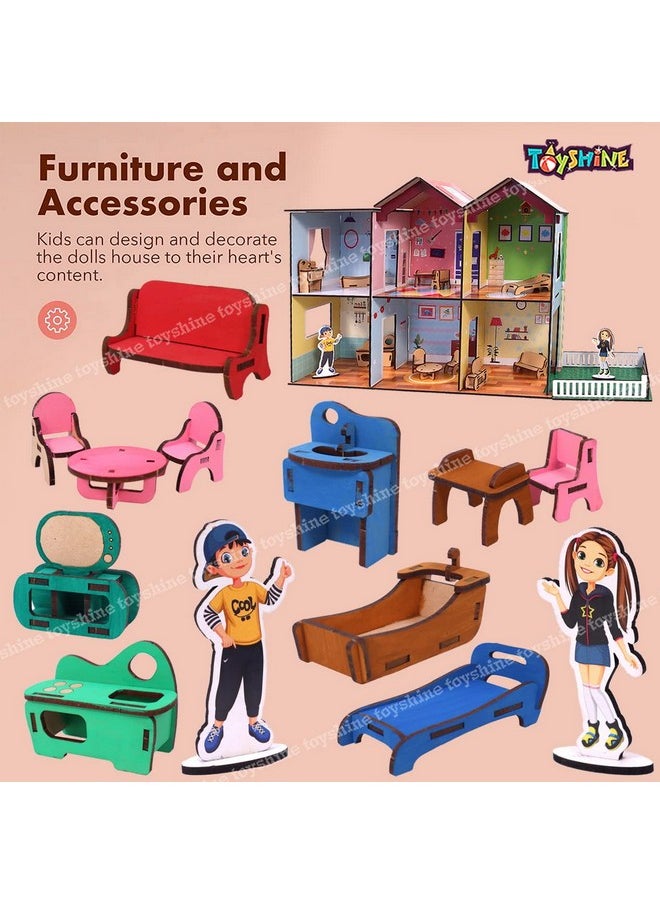 Toyshine Big Size Wooden DIY Doll House for Kids with Furniture, Dolls, Side Garden and Much More! Play House Learning Toy for Girls Boys 3 4 5 6 7 Year Old Birthday Gift Dollhouse