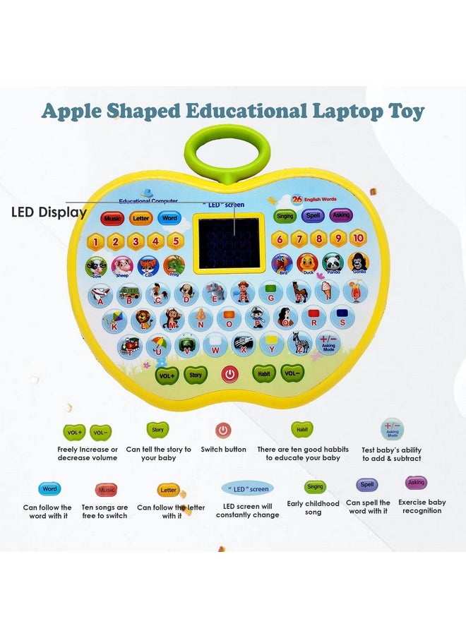 VGRASSP Apple Shape Educational Computer Laptop Toy for Kids LED Display and Fun Music for Learning Alphabets Numbers Words and Animals Color as per Stock