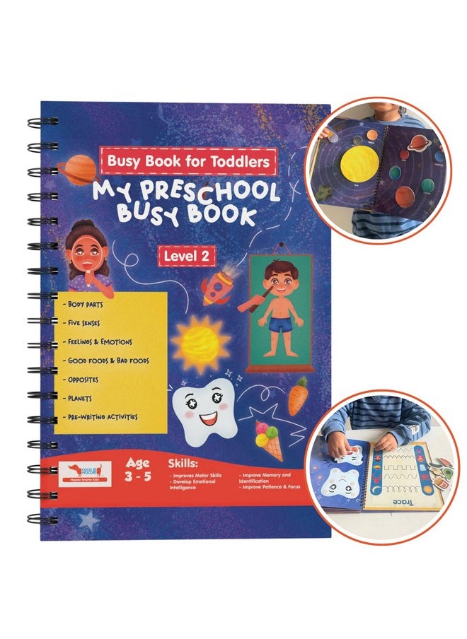 CocoMoco Kids My Preschool Busy Book for Toddlers Level 2 with Body Parts, Planets, Opposites, Emotions | Quiet Book for Kids Learning Toys for 3-5 Year olds | Montessori Learning (Pack of 1)