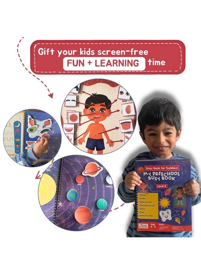 CocoMoco Kids My Preschool Busy Book for Toddlers Level 2 with Body Parts, Planets, Opposites, Emotions | Quiet Book for Kids Learning Toys for 3-5 Year olds | Montessori Learning (Pack of 1)