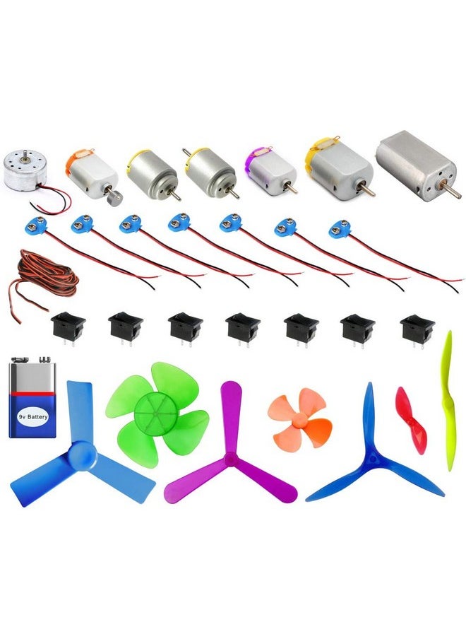 Kit4Curious 7 Different Size Shape DC Hobby Motor, Propeller, Switch, Snap Connector, Wire Set - Multicolor