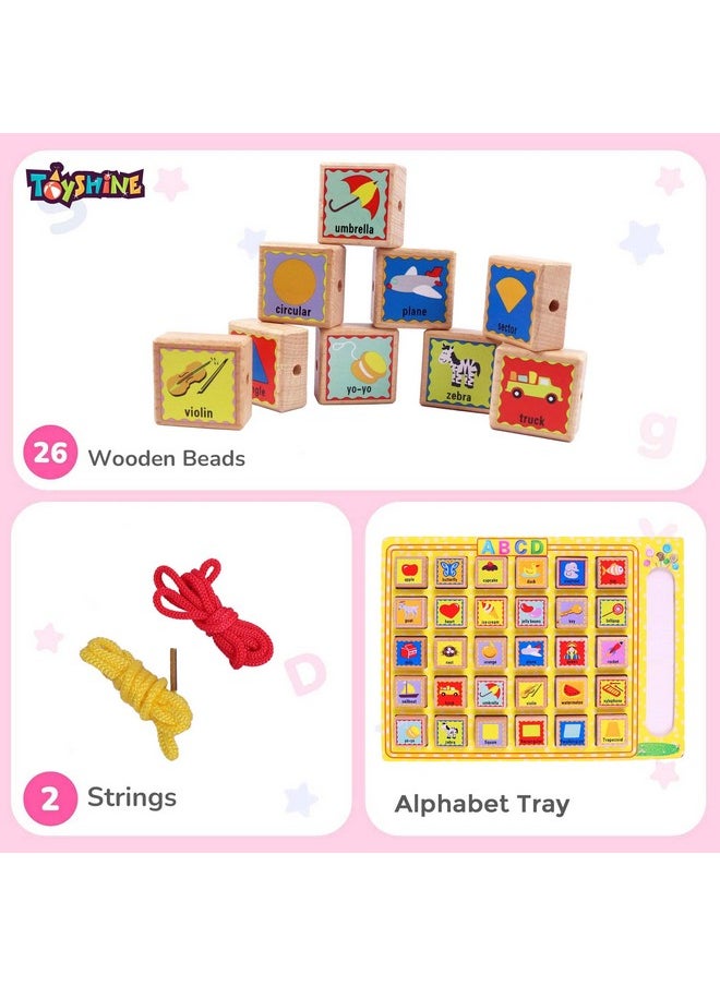 Toyshine Wooden English Learning Alphabet Tray with Lacing Beads , Educational Toy for 2 3 4 5 Year Kids